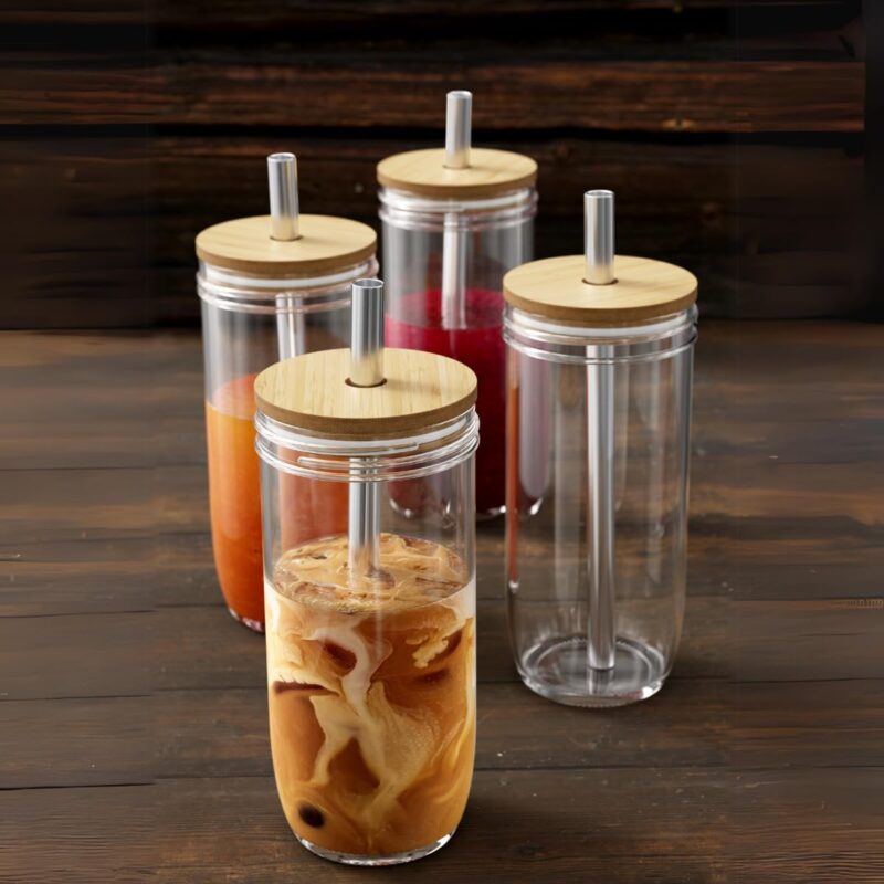 Mason Jar Cups with Straws and Lids - Eco-Friendly, 4-Pack of Reusable, Sturdy Food-Grade Crystal Glass Storage Jars with Easy Cleaning and Eco-Friendly Bamboo Lids - Fantastic Gift