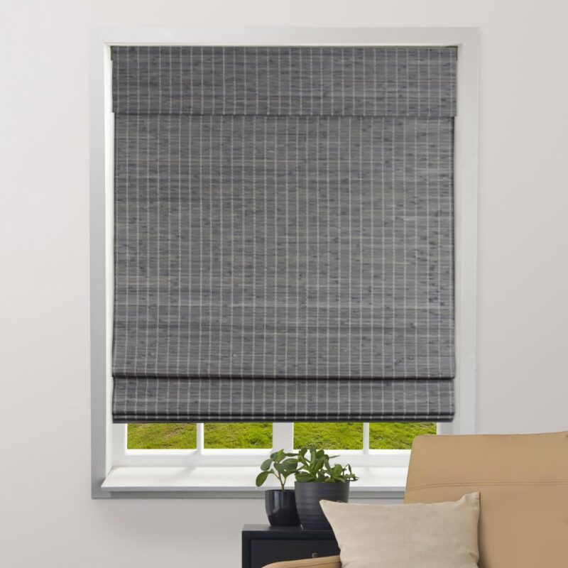 Semi-Sheer Bamboo Roman Shades with Valance - Grey-Brown, 20" W x 60" H - Light Filtering Cordless Blinds for Interior Windows