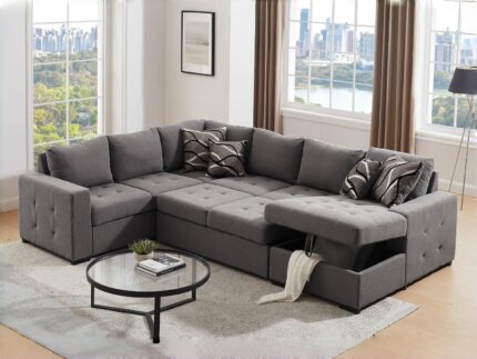 Product Description Oversized U Shaped Sectional Sleeper Sofa with Pull Out Bed and Storage Chaise sectional sleeper sofa with pull out bed Pull out sectional sofa bed detail sectional sofa stylish tufted arm sectional sofa black legs sectional sofa large storage in chaise sofa popular right-facing design Comfort, Style, Storage - All in One